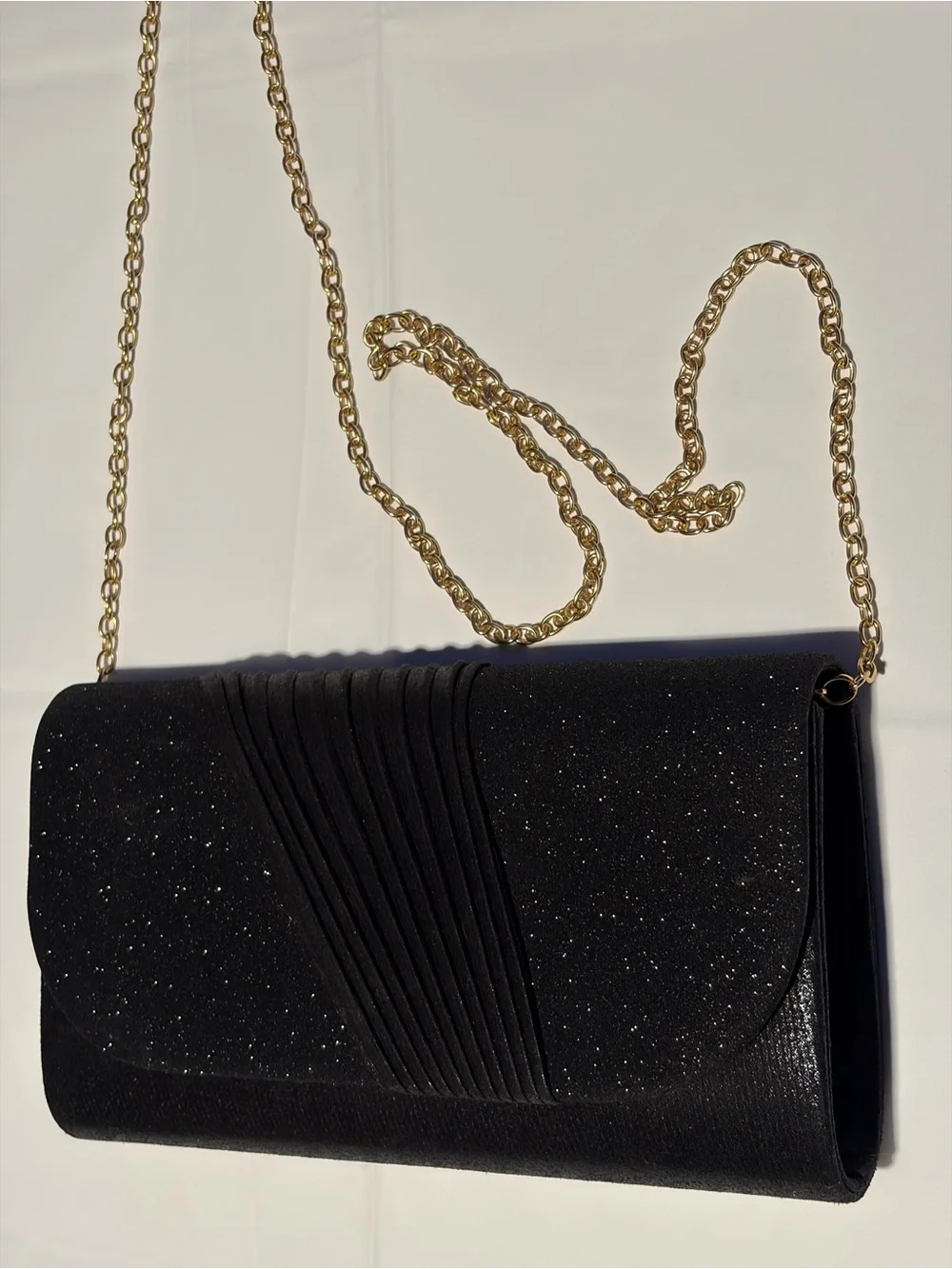 Black Glitter Evening Clutch with Gold Chain Strap